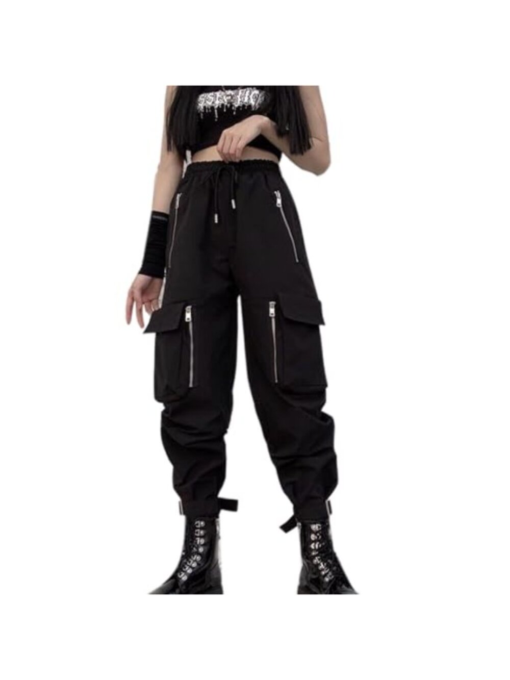 Women's Black Loose Wide Leg Cargo Pants Multi-Pocket Multi-Zip Punk Goth